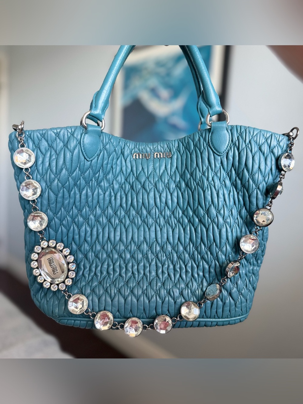 Miu Miu Matelassé Crystal Convertible Tote in Teal Leather COA Included